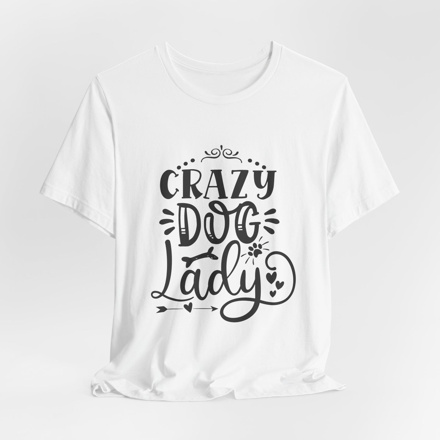 White t-shirt with 'Crazy Dog Lady' text on a light gray background
