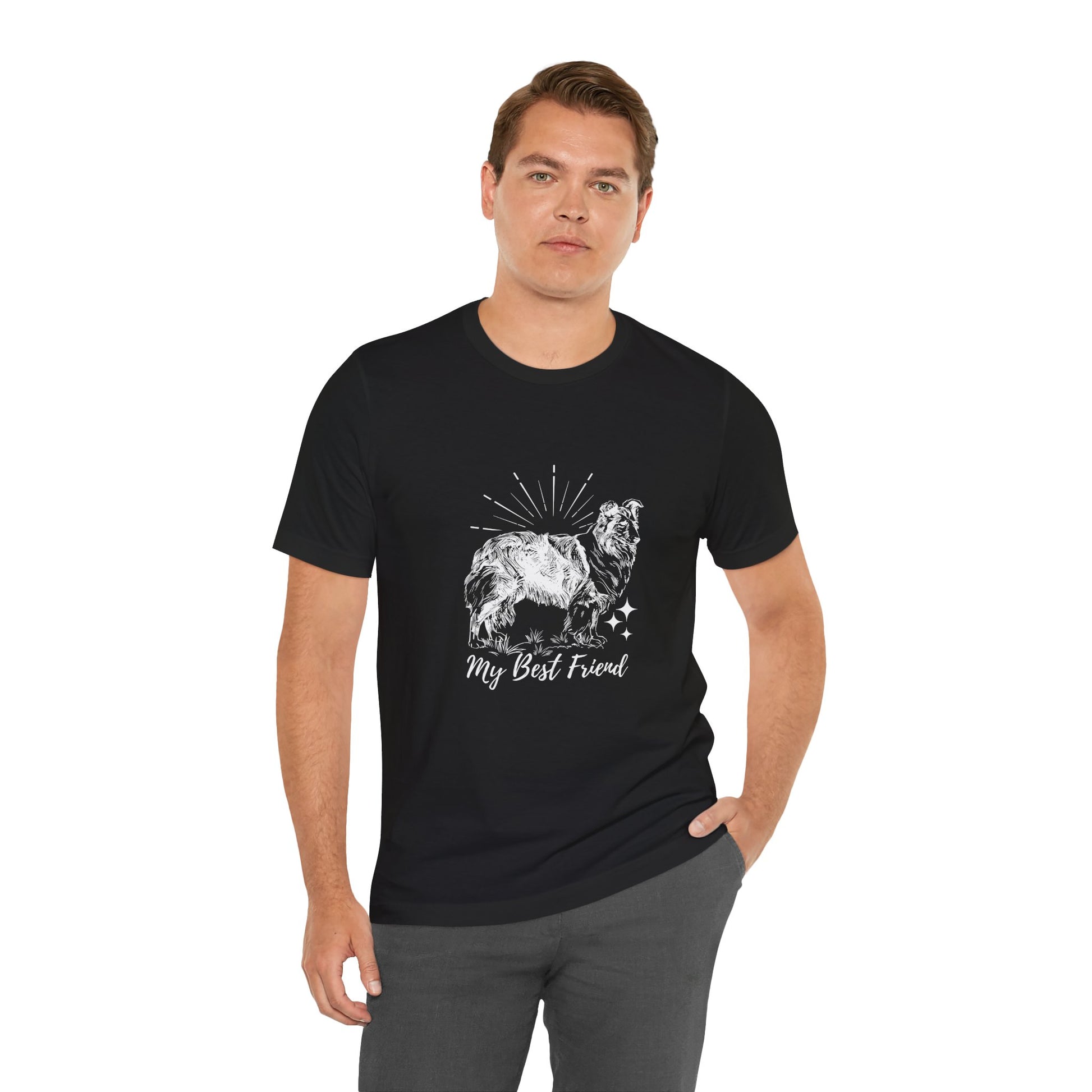 Man wearing a black t-shirt with a dog graphic and text on a white background