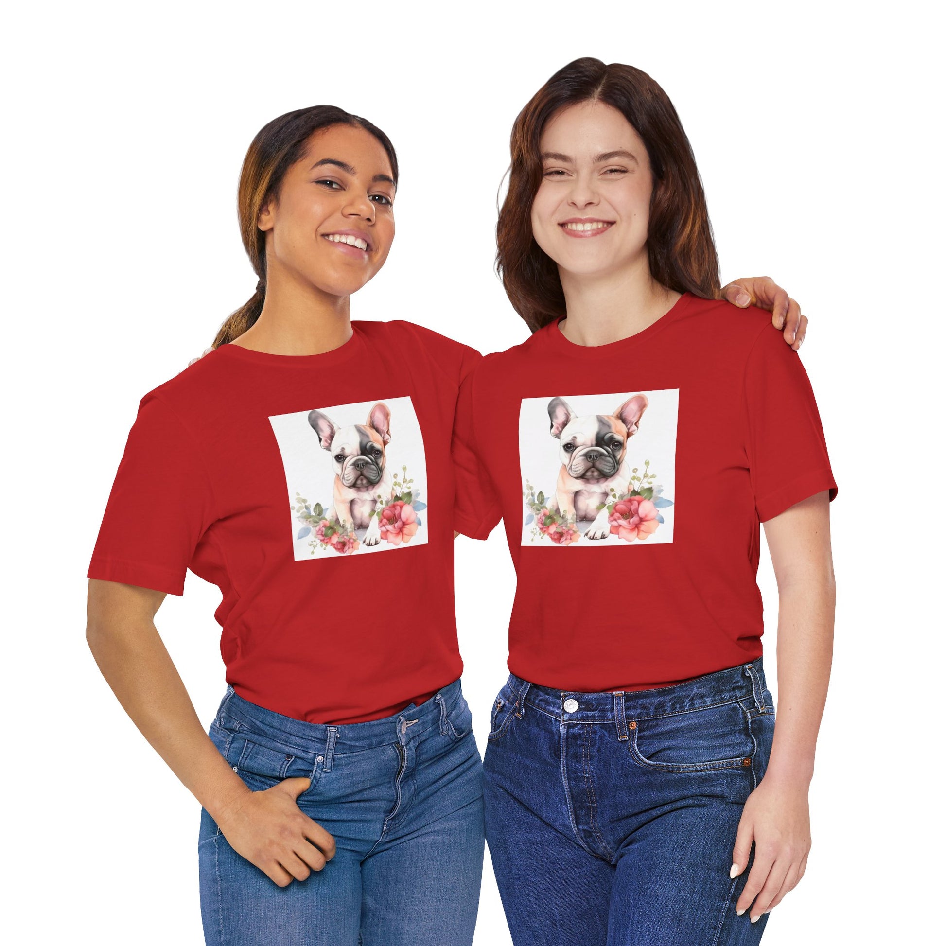 Two women wearing red t-shirts with a dog graphic on a white background