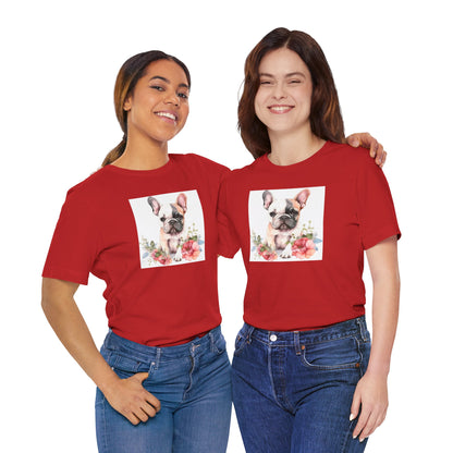 Two women wearing red t-shirts with a dog graphic on a white background