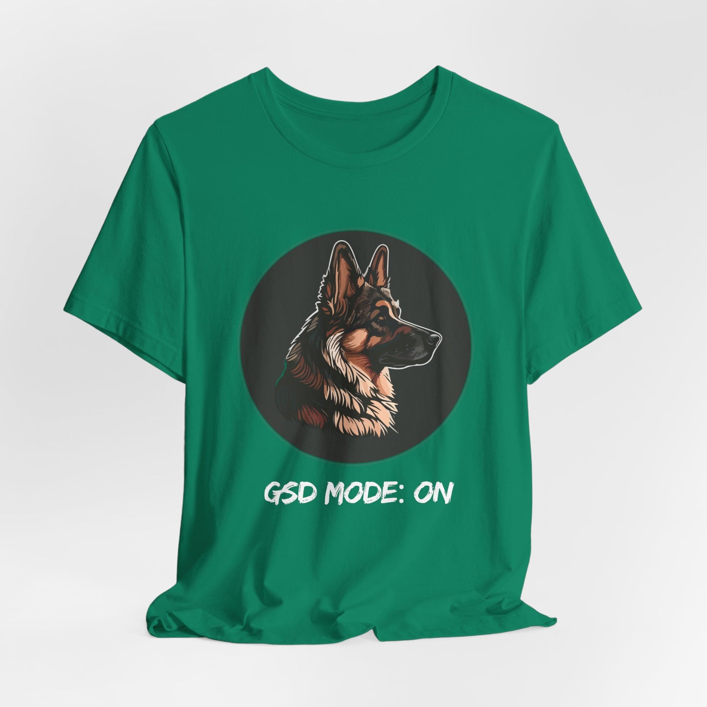 Green t-shirt with a dog graphic and 'GSD Mode: On' text on a white background