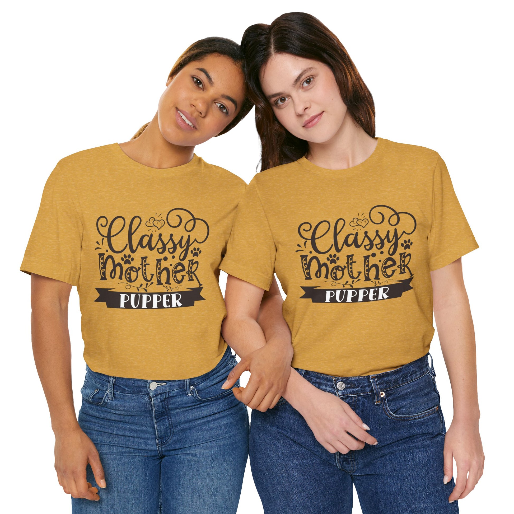 Two people wearing mustard yellow t-shirts with 'Classy Mother pupper' text on a white background