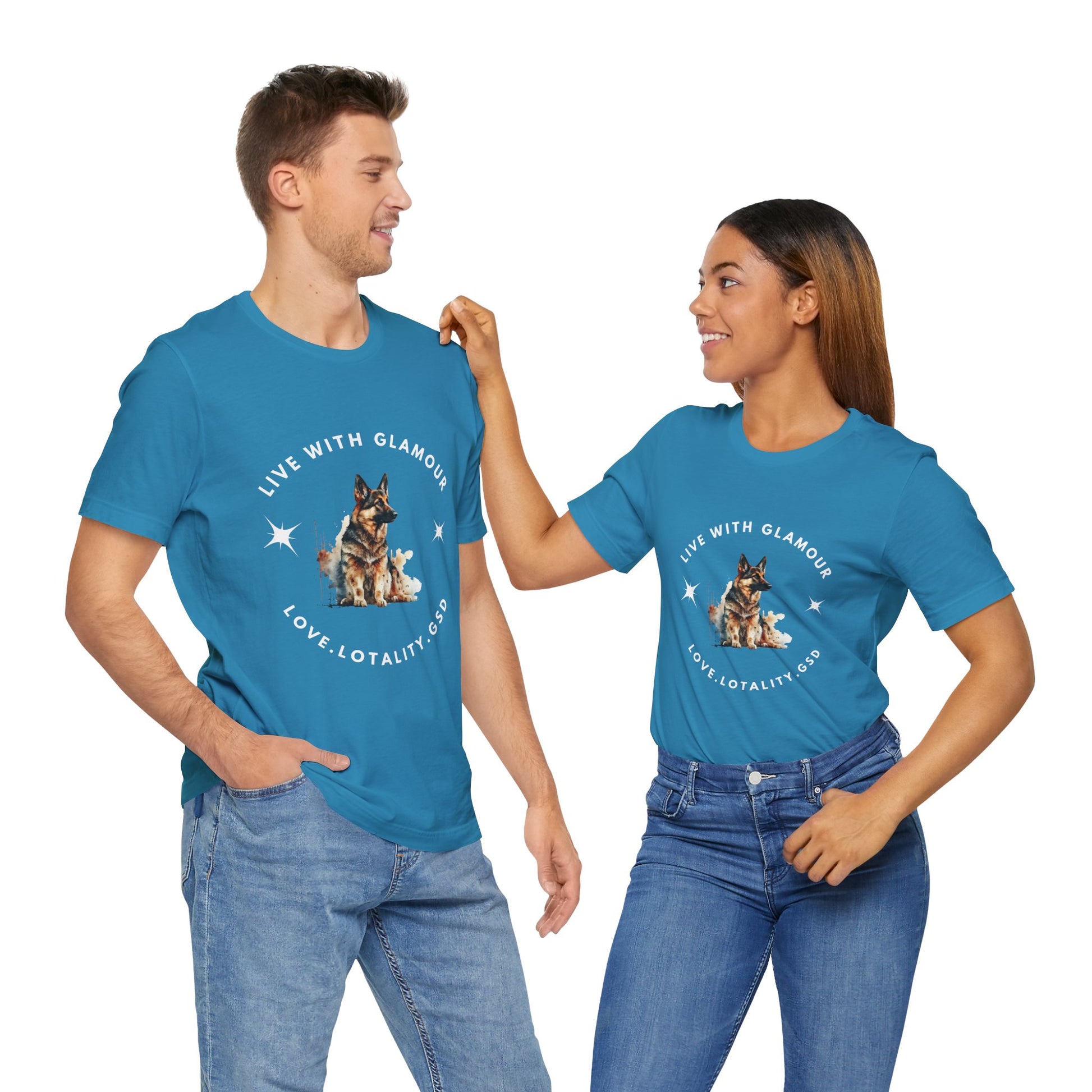 Two people wearing blue t-shirts with a dog graphic and text.