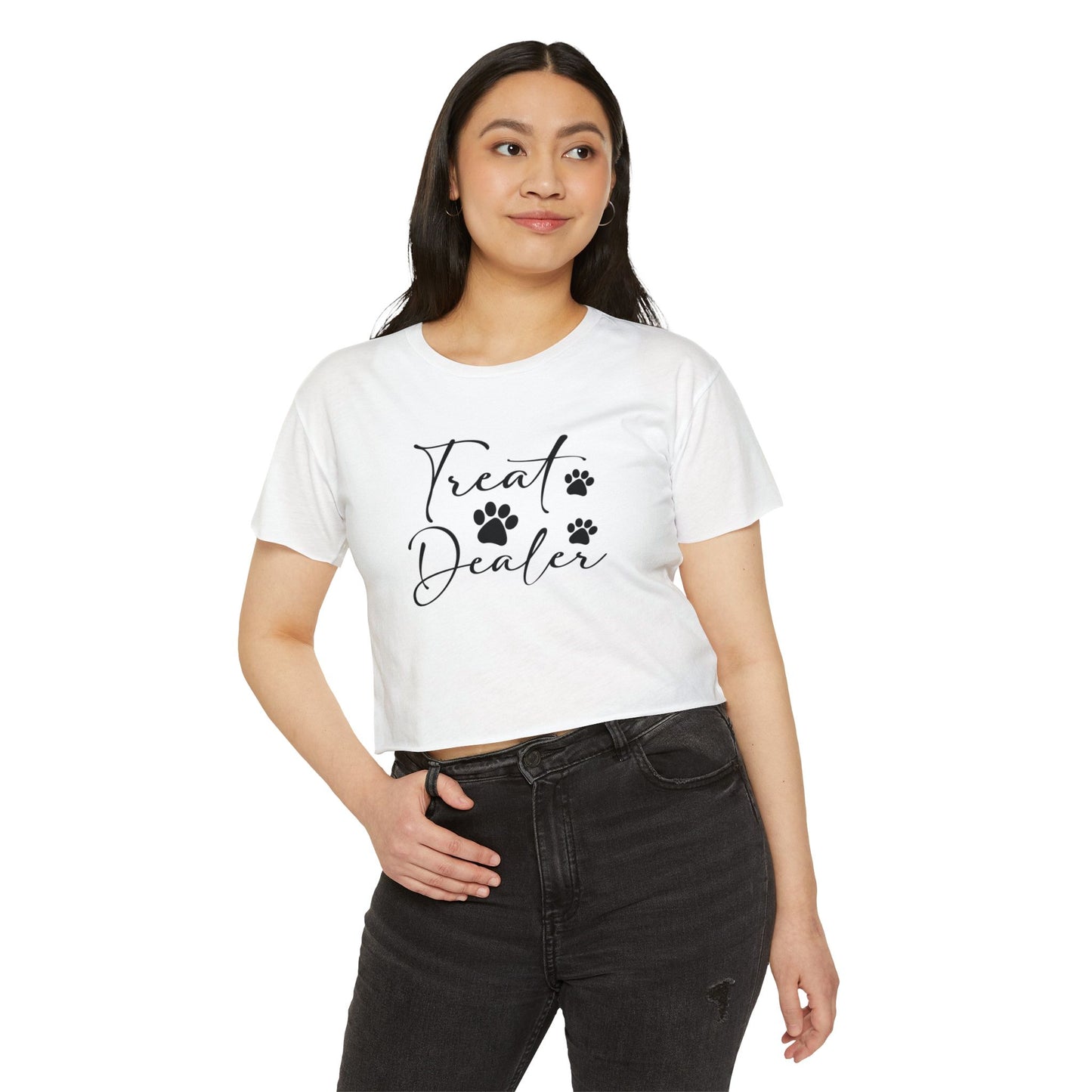 “Treat Dealer” Dog Lover Crop Top – Cute Paw Print Tee for Pet Moms