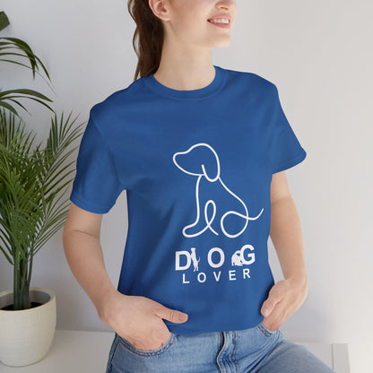Person wearing a blue t-shirt with a dog lover graphic design.