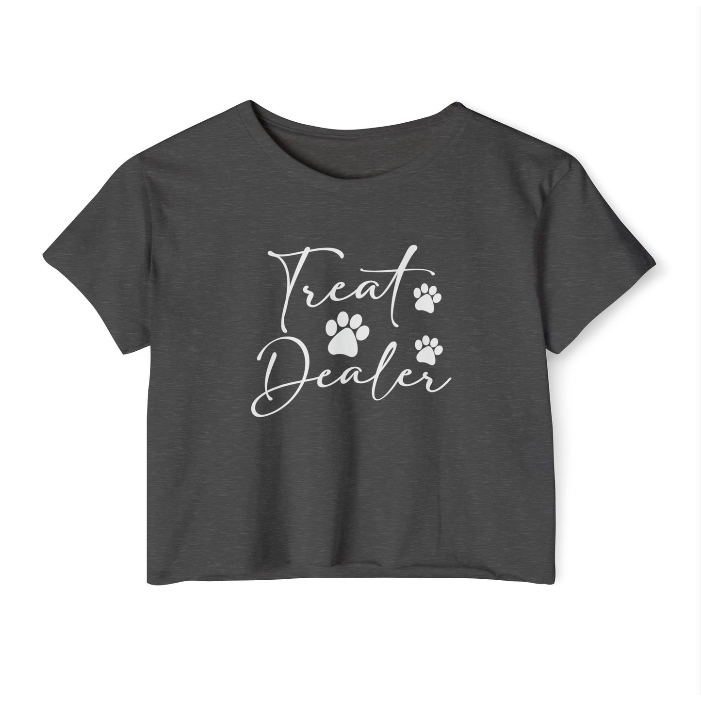 “Treat Dealer” Dog Lover Crop Top – Cute Paw Print Tee for Pet Moms