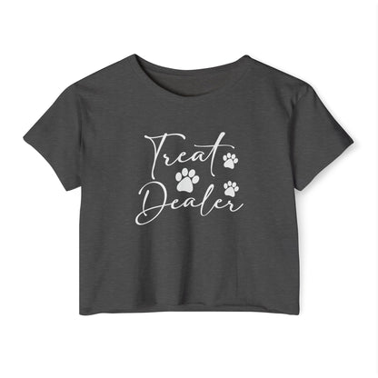 “Treat Dealer” Dog Lover Crop Top – Cute Paw Print Tee for Pet Moms