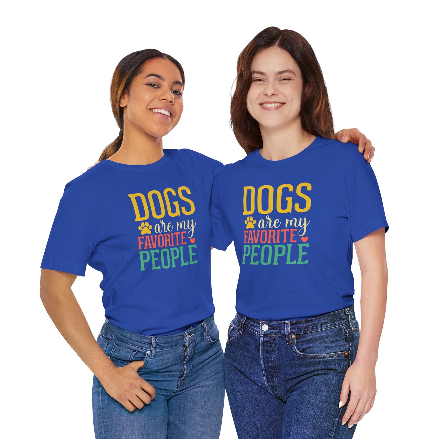 Two people wearing blue t-shirts with colorful text design on a white background