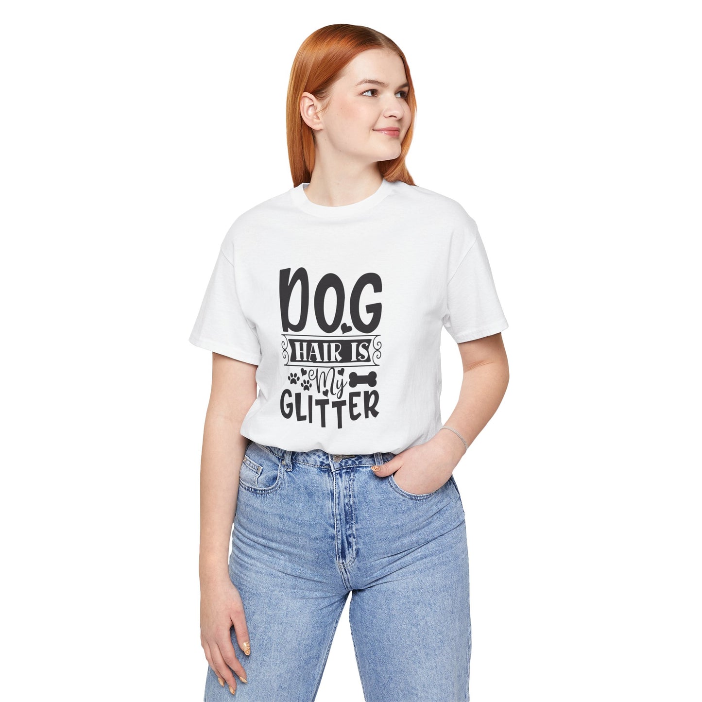 Person wearing a white t-shirt with text and blue jeans on a white background