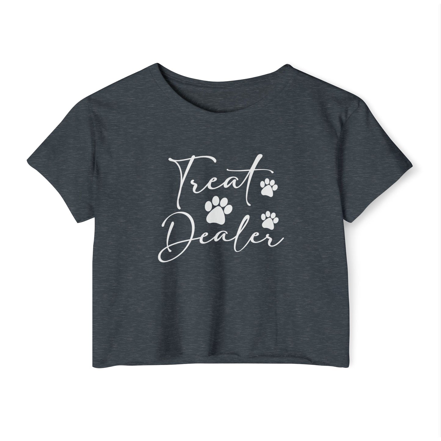 “Treat Dealer” Dog Lover Crop Top – Cute Paw Print Tee for Pet Moms