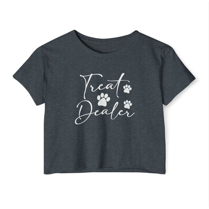 “Treat Dealer” Dog Lover Crop Top – Cute Paw Print Tee for Pet Moms