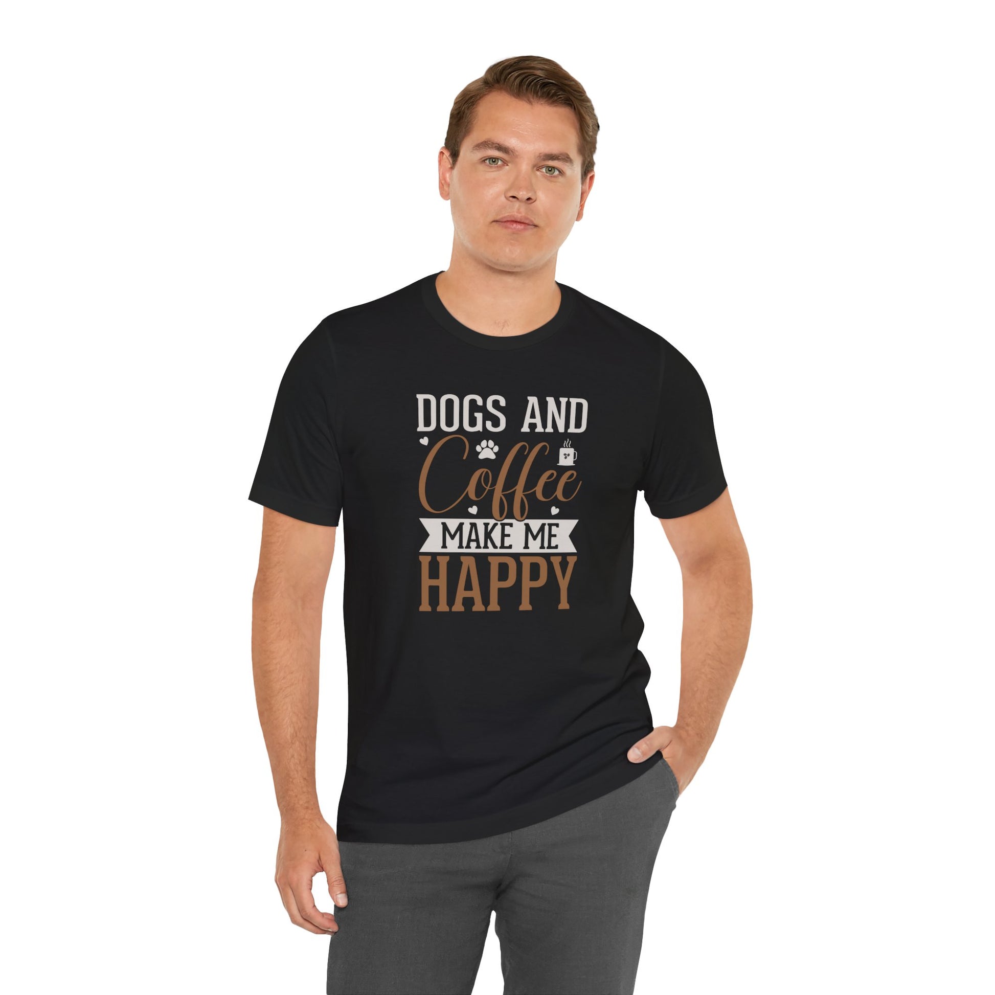 Man wearing a black t-shirt with 'Dogs and Coffee Make Me Happy' text on a white background