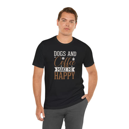 Man wearing a black t-shirt with 'Dogs and Coffee Make Me Happy' text on a white background