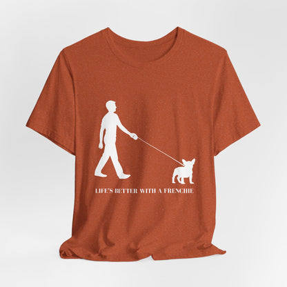 Brown t-shirt with white graphic and text 'Life's Better with a Frenchie' on a light gray background