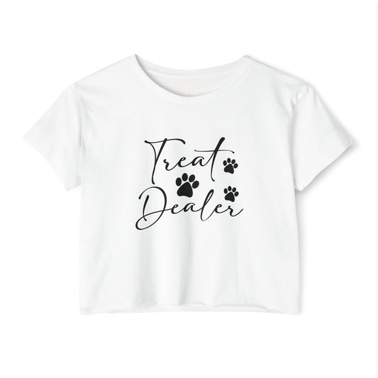 “Treat Dealer” Dog Lover Crop Top – Cute Paw Print Tee for Pet Moms