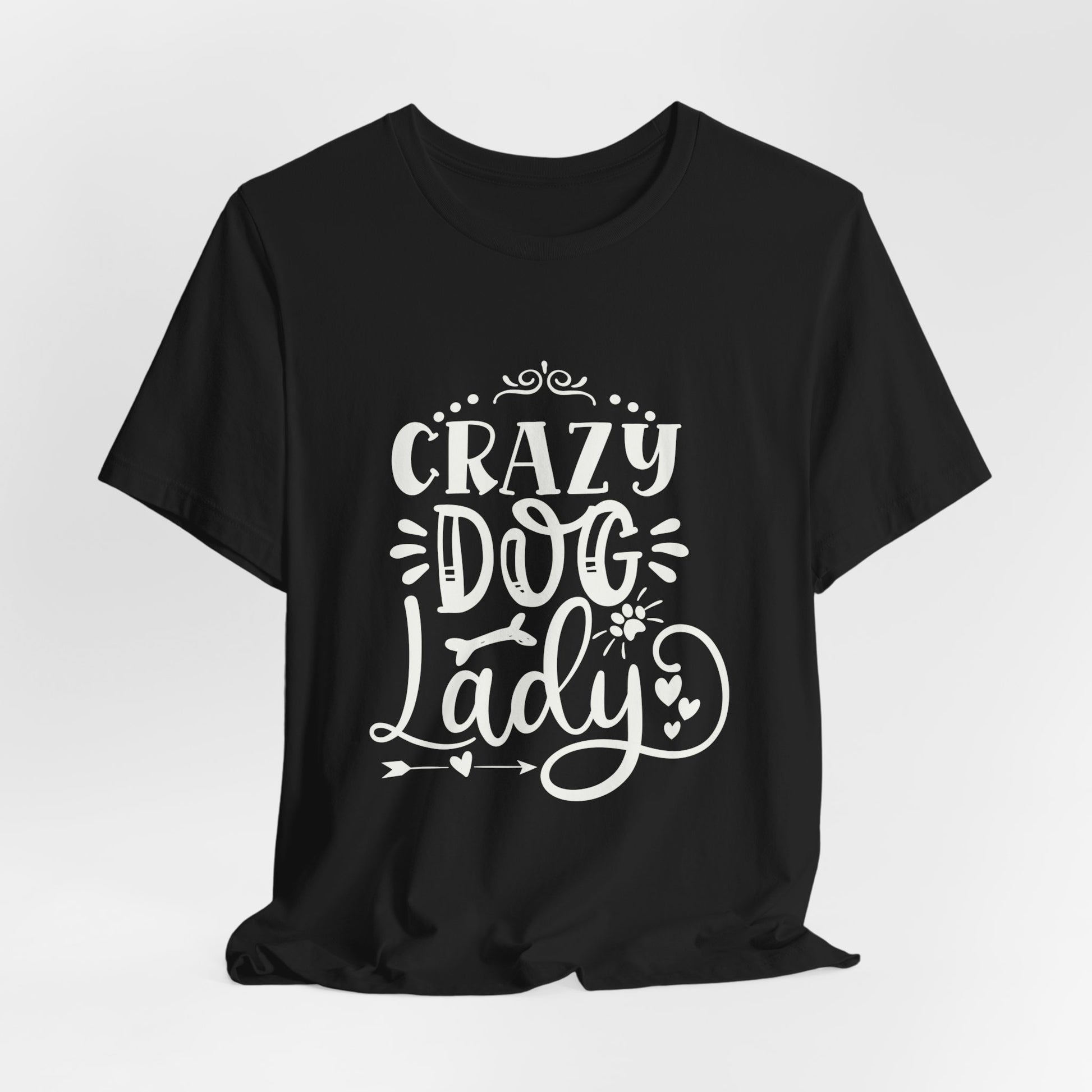 Black t-shirt with 'Crazy Dog Lady' text on a white background