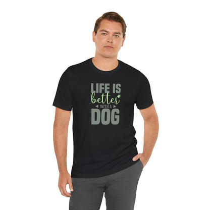 Man wearing a black t-shirt with 'Life is better with a dog' text on a white background
