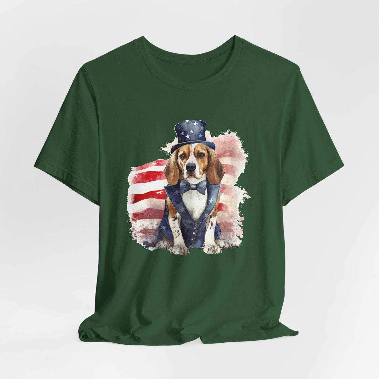Patriotic Beagle in Stars & Stripes Suit – Unisex T-Shirt