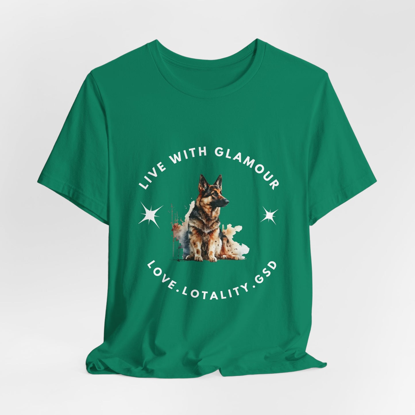 Green t-shirt with a dog graphic and text on a white background