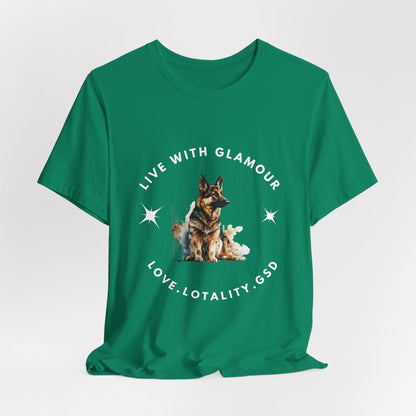 Green t-shirt with a dog graphic and text on a white background
