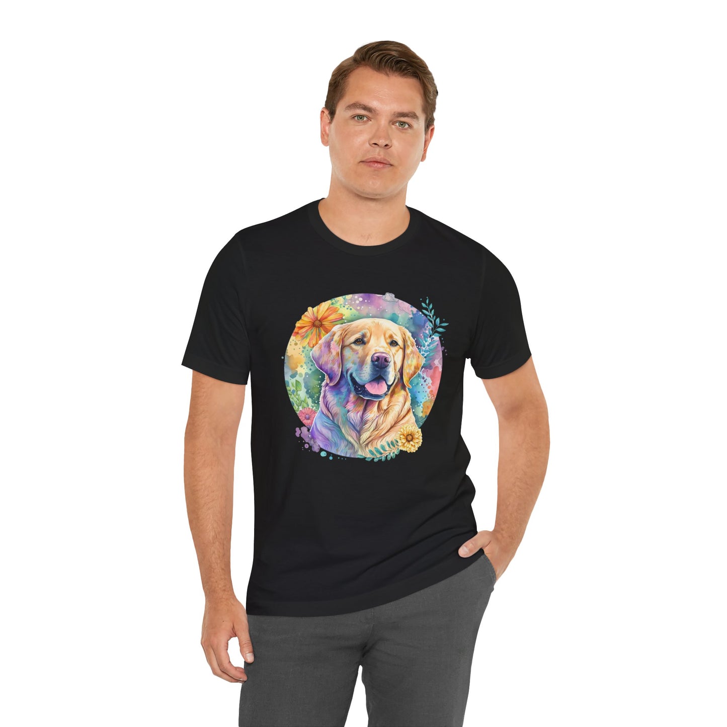 Man wearing a black t-shirt with a colorful dog graphic on a white background