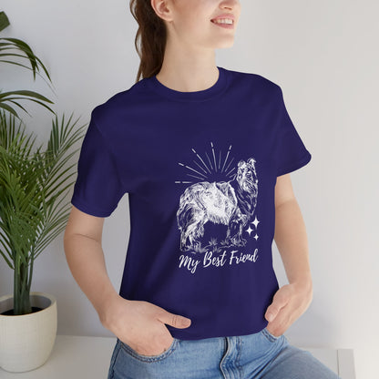 Person wearing a navy blue t-shirt with a graphic of a dog and 'My Best Friend' text, standing indoors.