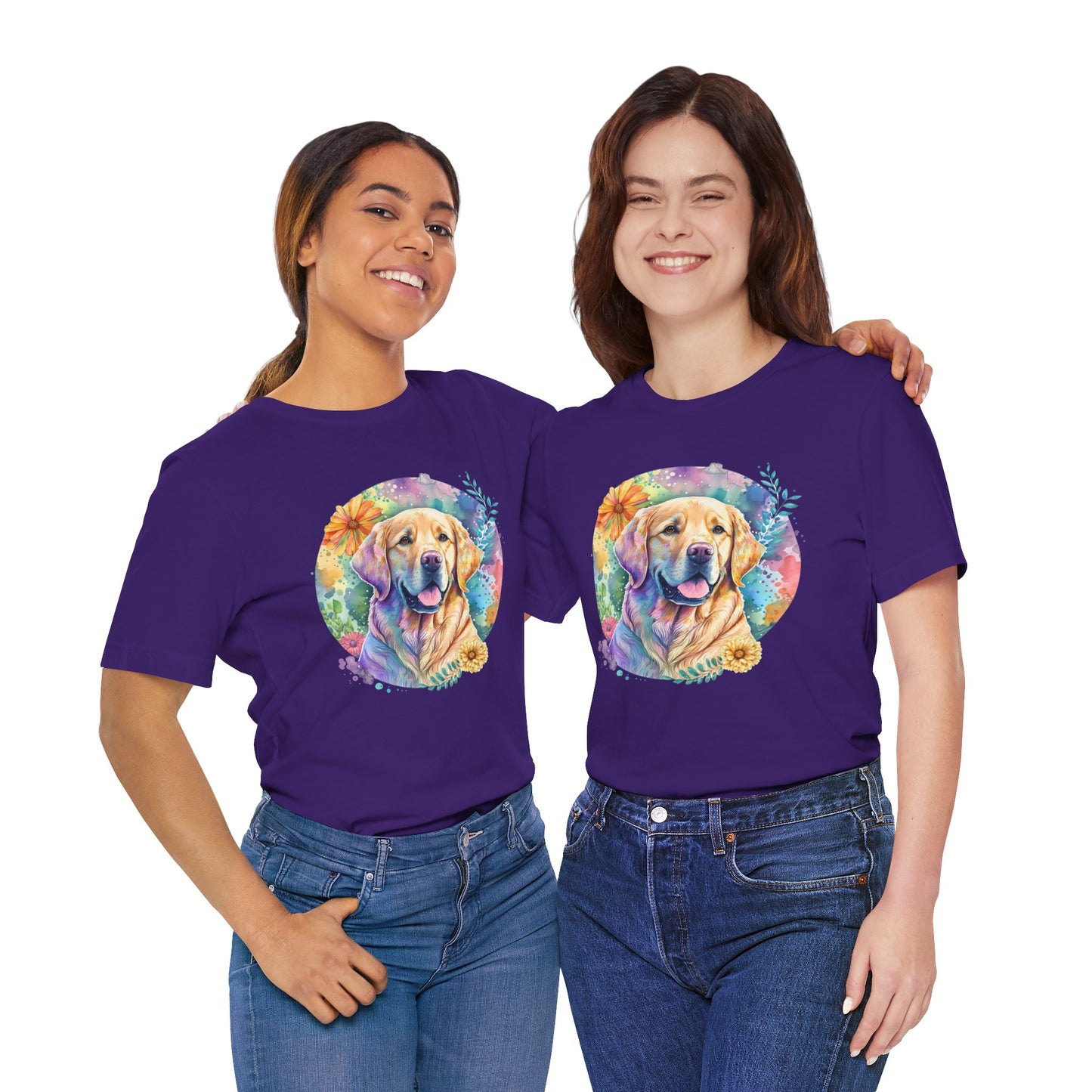 Two people wearing purple t-shirts with a colorful dog design on a white background