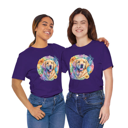 Two people wearing purple t-shirts with a colorful dog design on a white background
