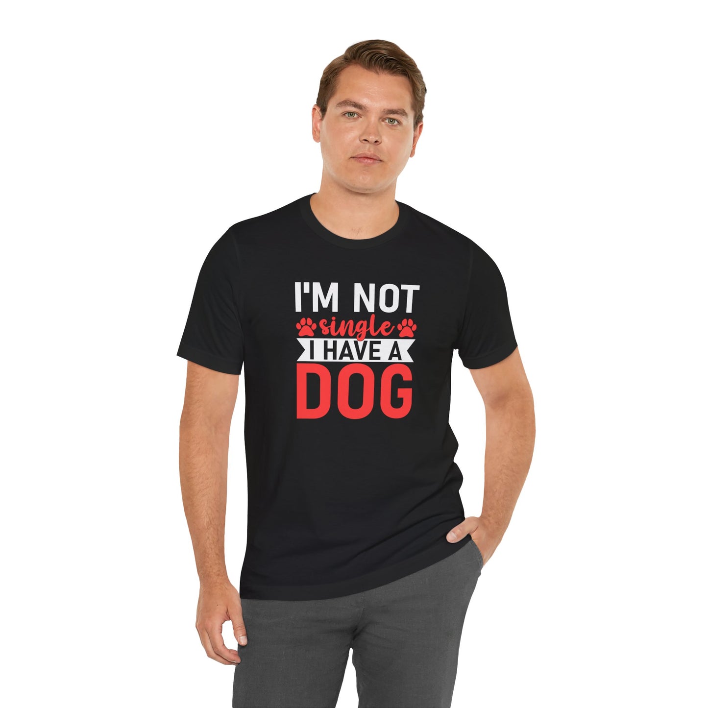 Man wearing a black t-shirt with 'I'm not single, I have a dog' text.