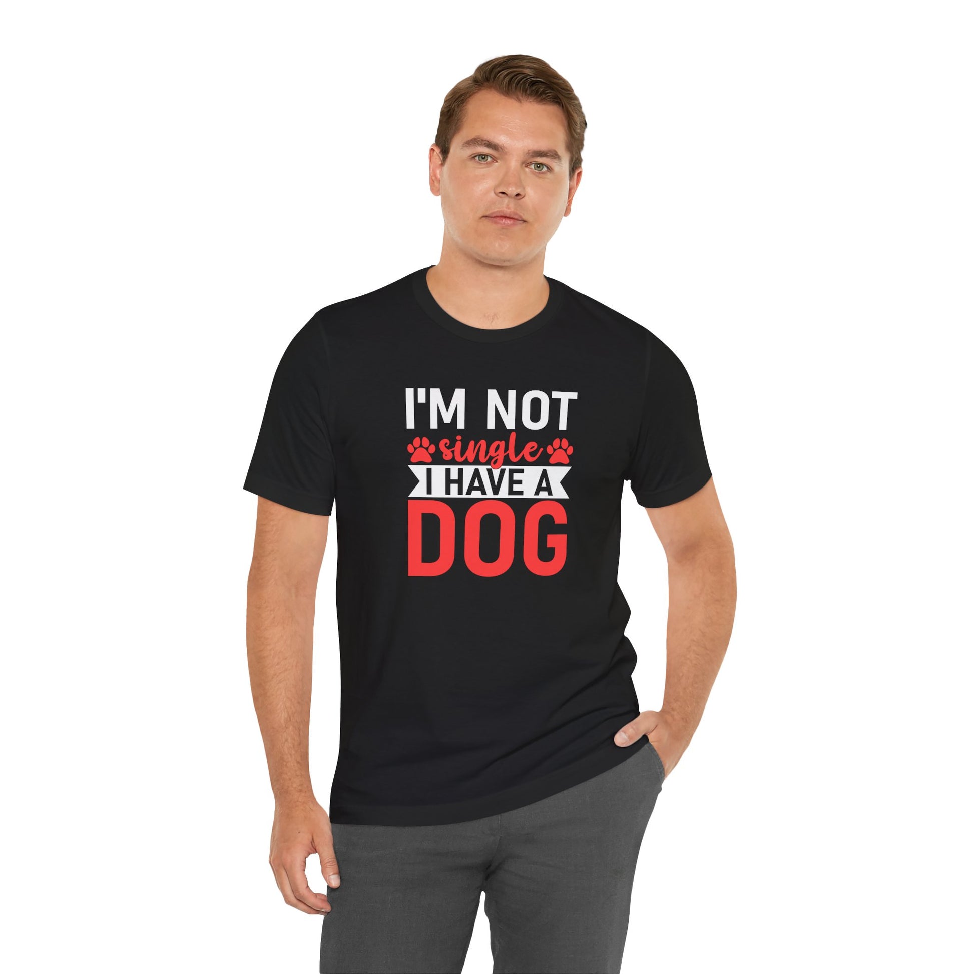 Man wearing a black t-shirt with 'I'm not single, I have a dog' text.