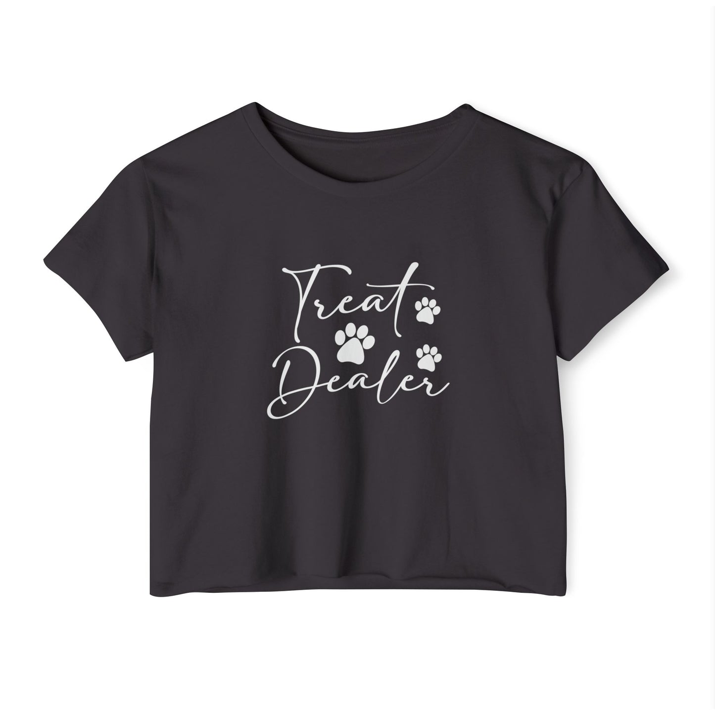 “Treat Dealer” Dog Lover Crop Top – Cute Paw Print Tee for Pet Moms