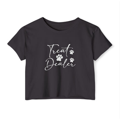 “Treat Dealer” Dog Lover Crop Top – Cute Paw Print Tee for Pet Moms