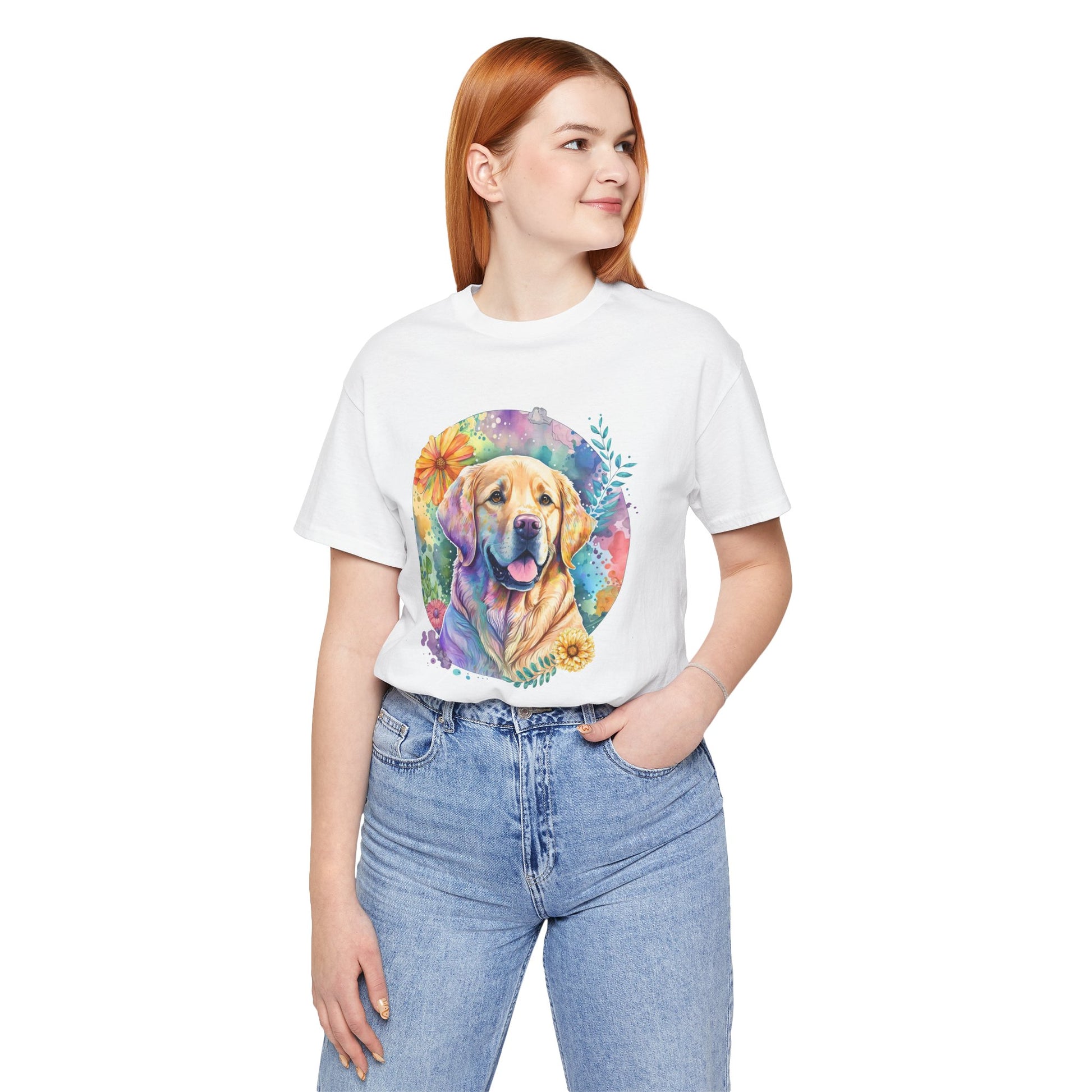 Person wearing a white t-shirt with a colorful dog graphic design on a white background