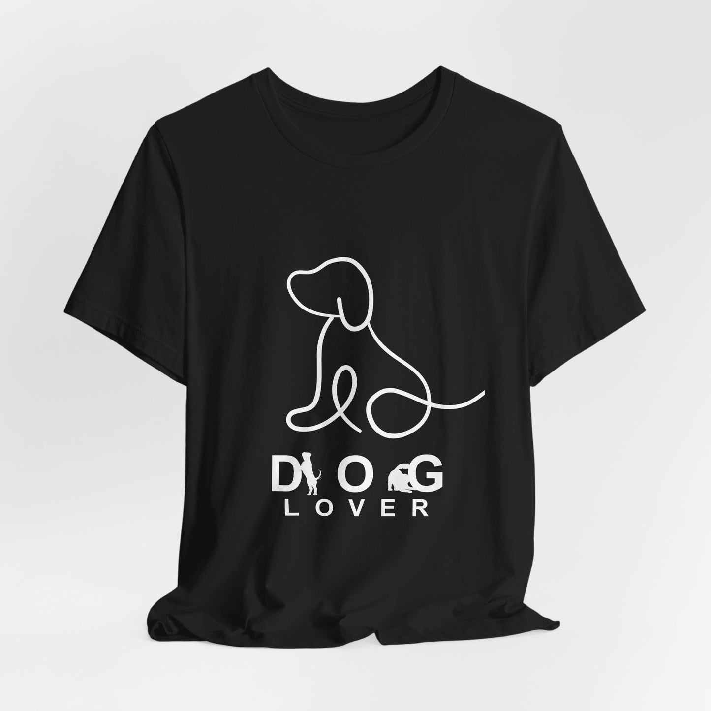 Black t-shirt with a white dog graphic and 'Dog Lover' text on a light gray background
