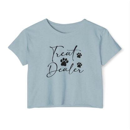 “Treat Dealer” Dog Lover Crop Top – Cute Paw Print Tee for Pet Moms