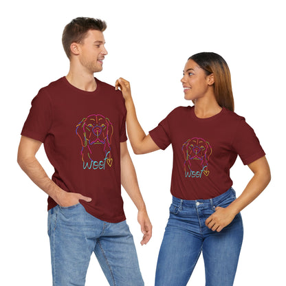 Two people wearing maroon t-shirts with a colorful dog design and 'Woof' text on a white background.