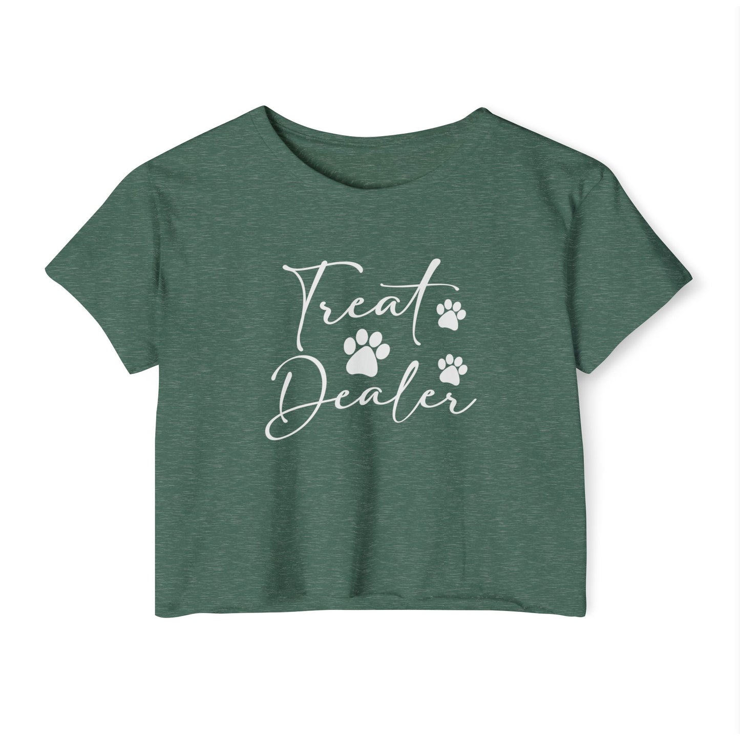 “Treat Dealer” Dog Lover Crop Top – Cute Paw Print Tee for Pet Moms