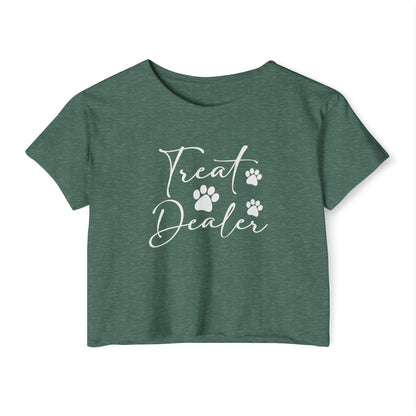 “Treat Dealer” Dog Lover Crop Top – Cute Paw Print Tee for Pet Moms