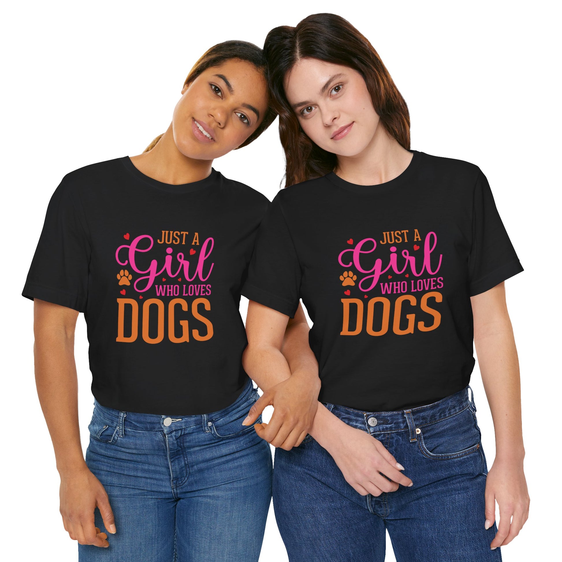 Two people wearing black t-shirts with 'Just a girl who loves dogs' text.