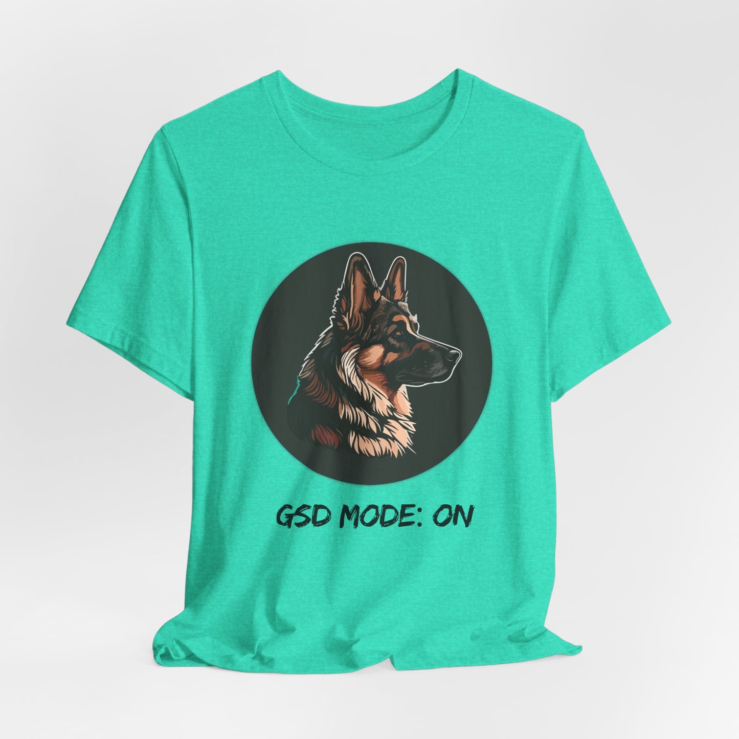 Green t-shirt with a dog illustration and 'GSD Mode: ON' text on a white background