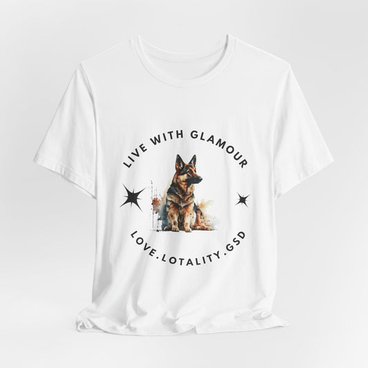White t-shirt with a German Shepherd graphic and text on a white background