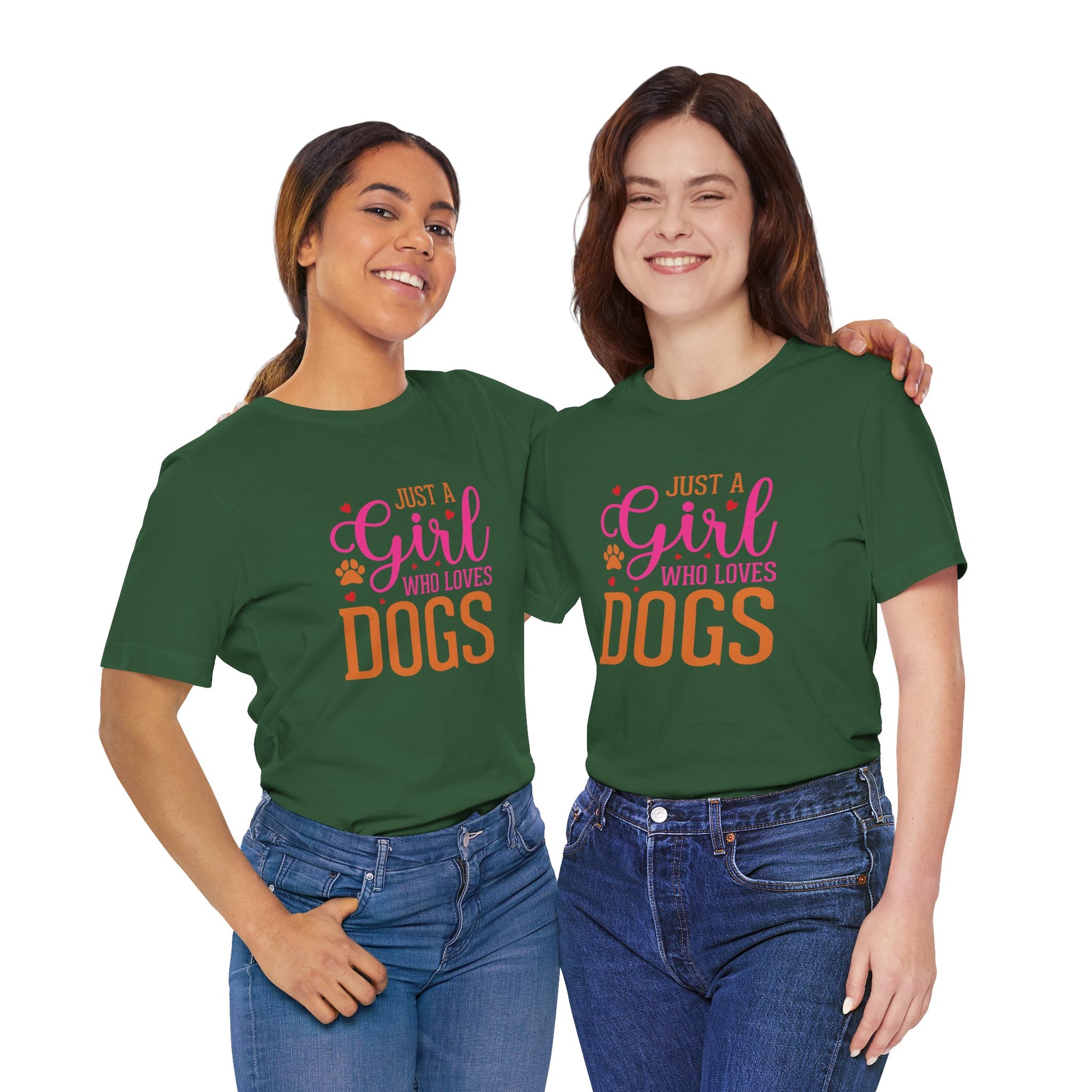 Two people wearing green t-shirts with a dog-themed design on a white background