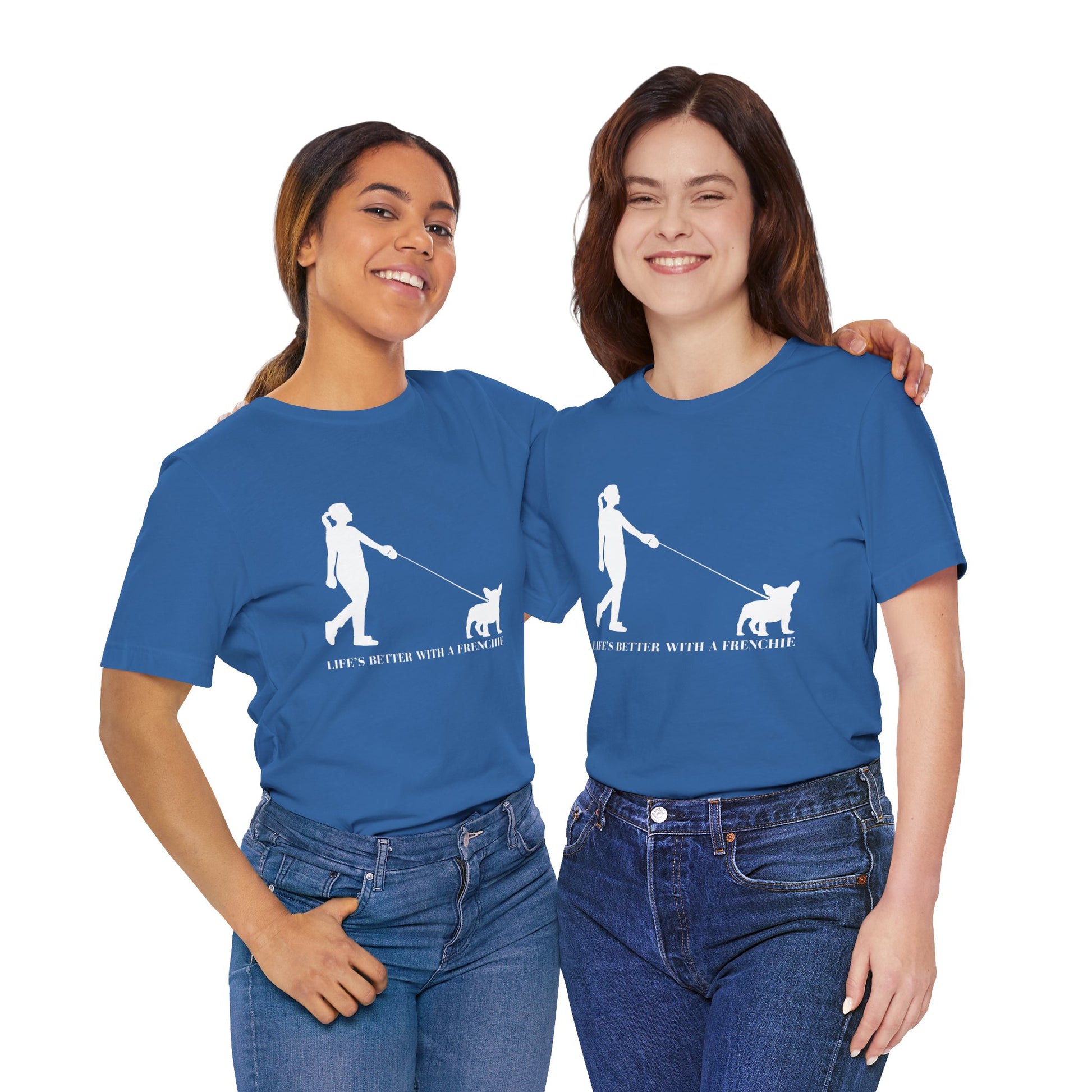 Two people wearing blue t-shirts with a graphic design and text on a white background