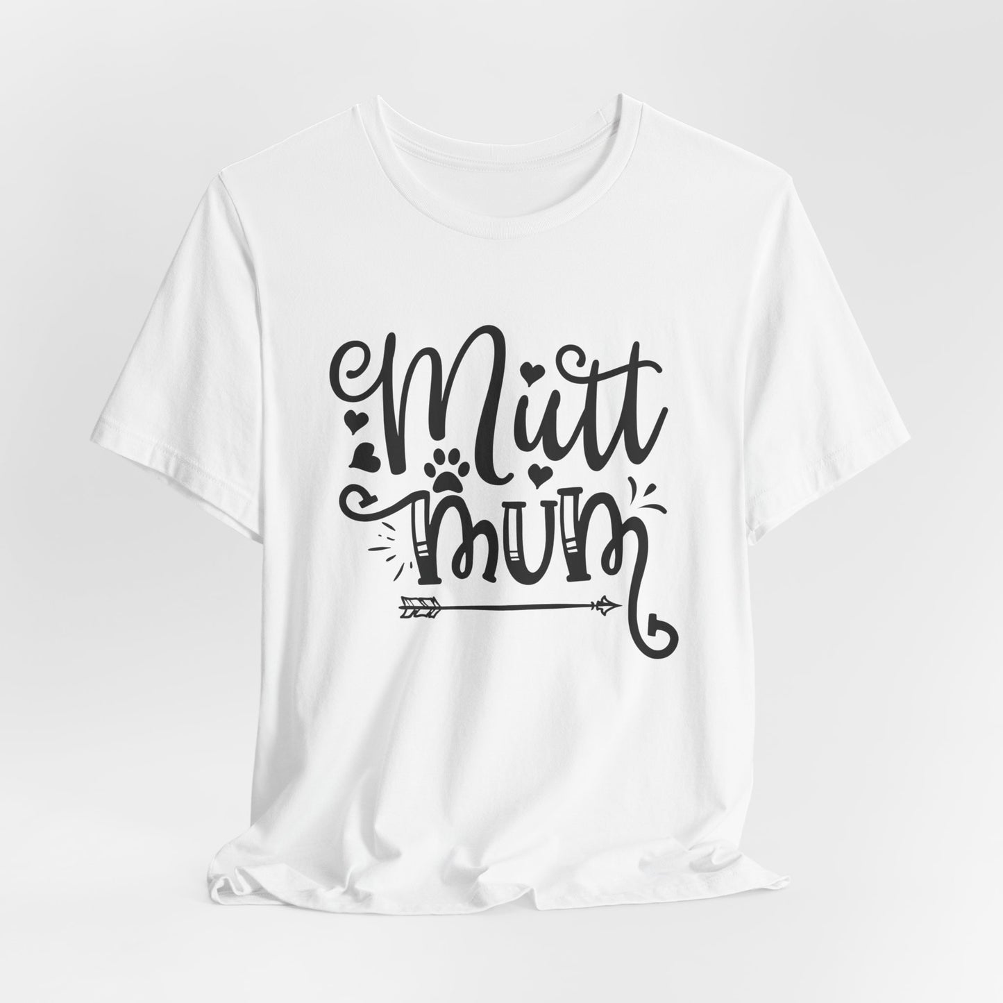 White t-shirt with 'Mutt Mum' text on a light gray background