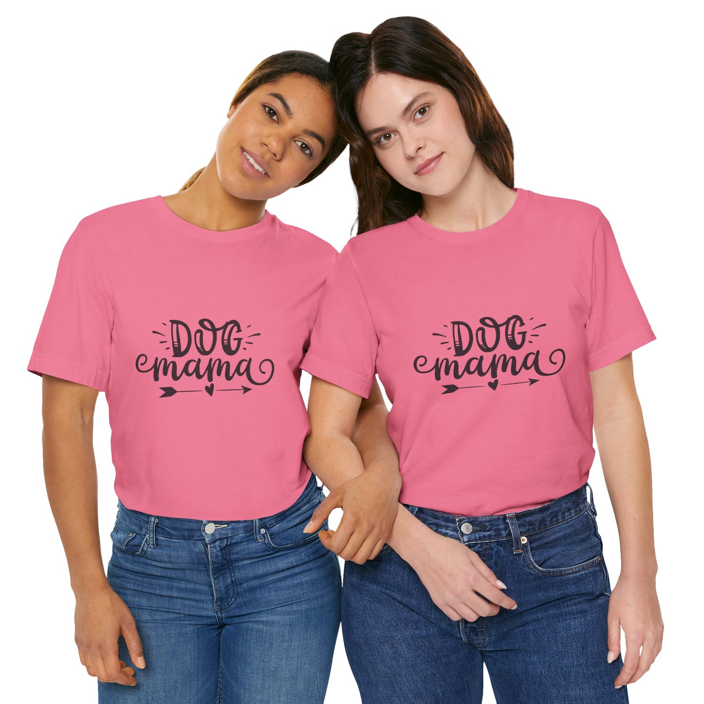 Two women wearing pink t-shirts with 'DOG mama' text on a white background