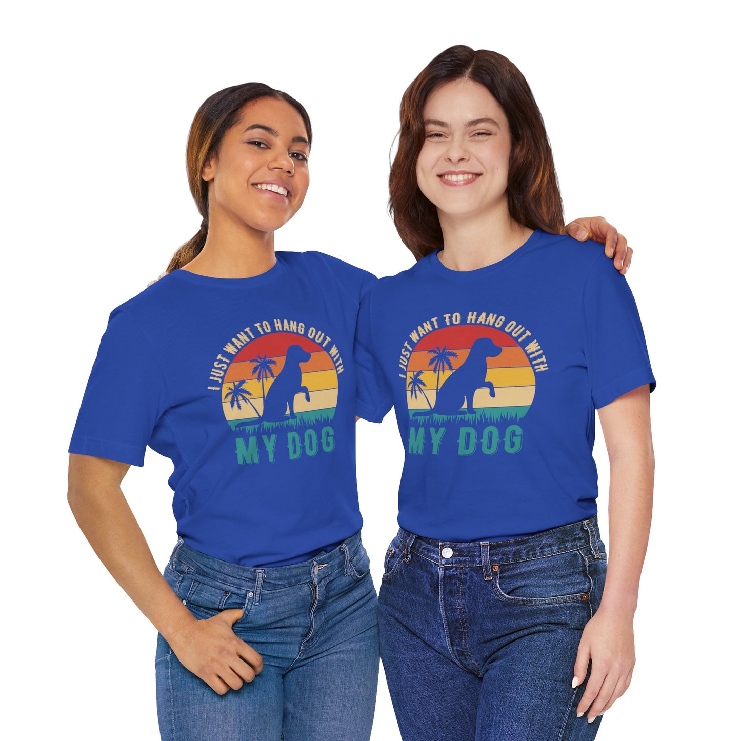 Two people wearing blue t-shirts with a dog graphic and text on a white background