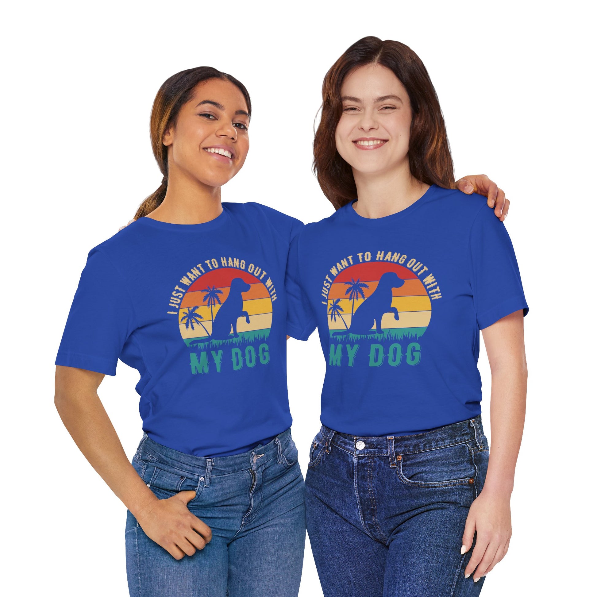 Two people wearing blue t-shirts with a dog graphic and text on a white background