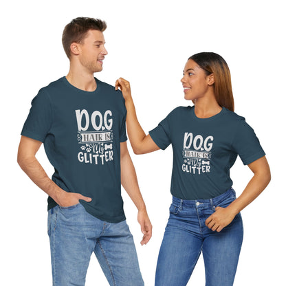 Two people wearing matching navy blue t-shirts with text on a white background