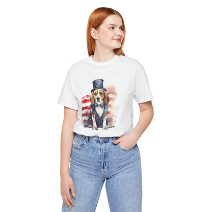 Patriotic Beagle in Stars & Stripes Suit – Unisex T-Shirt