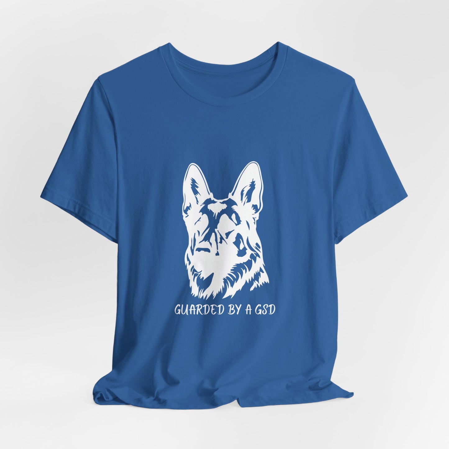 Blue t-shirt with a white German Shepherd design and text on a light gray background
